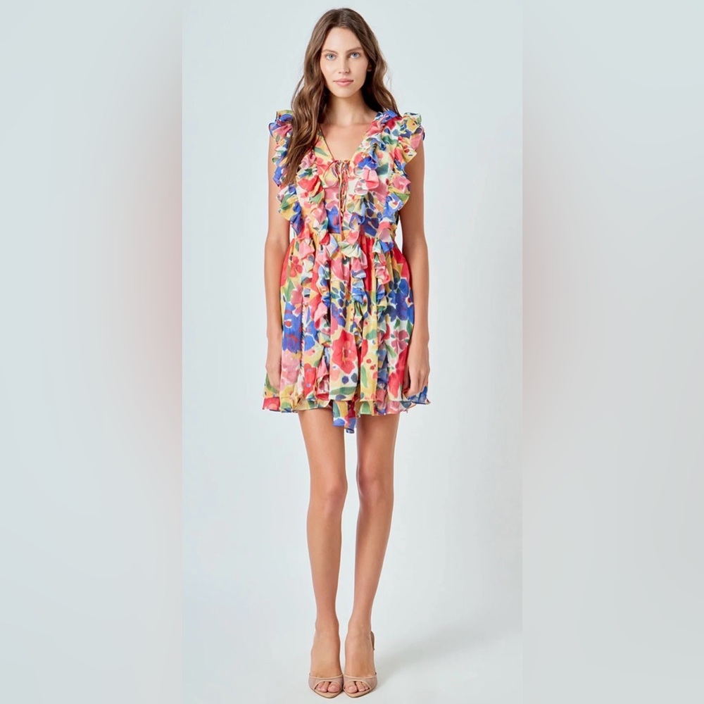 Vici Floral Ruffle V-Neck Mini Dress sz XS, lace tie front.